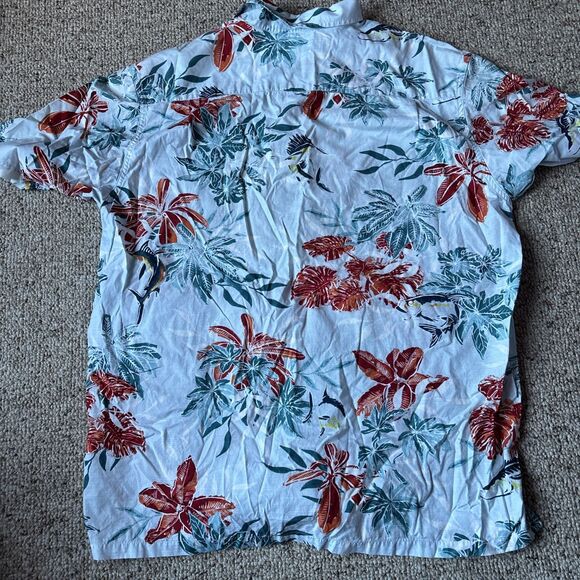 Men’s Columbia Button Down T Shirt Fish and Plant Print Blue Red Orange Size L - Picture 6 of 8
